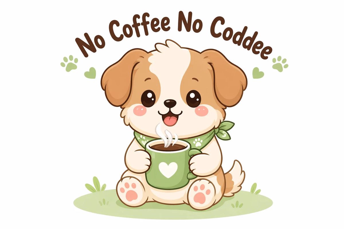 Kawaii coffee dog flat 2D vector illustration with on-image text