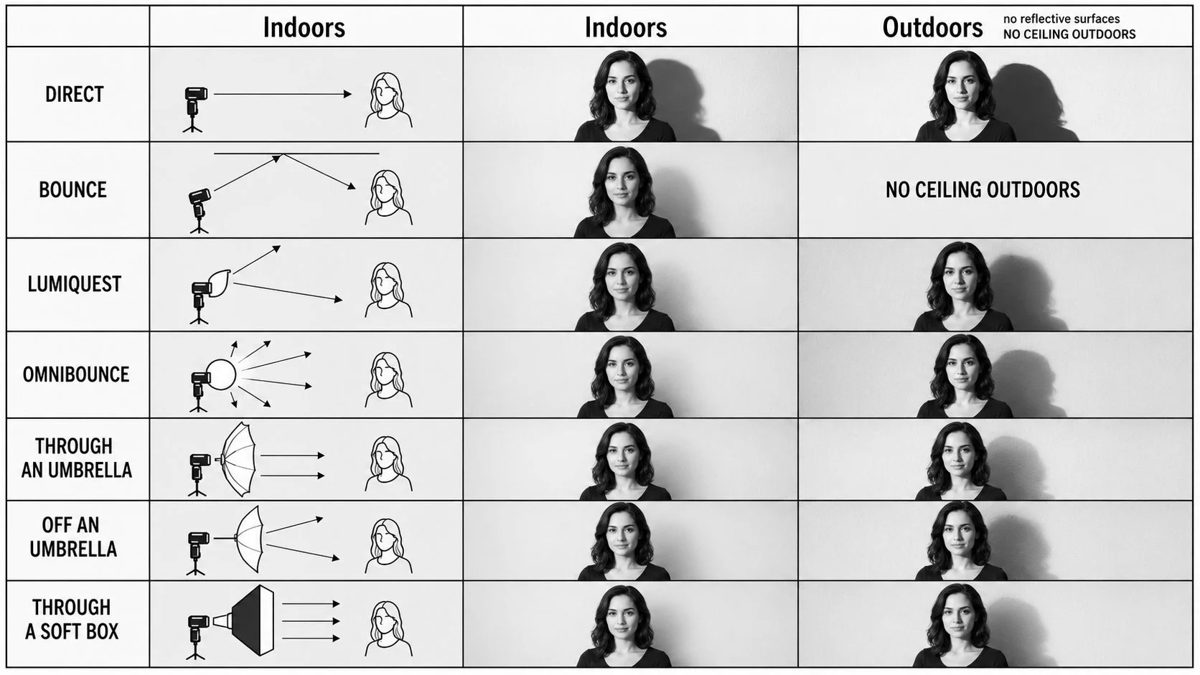Educational photography lighting tutorial infographic (3×7 flash comparison chart)