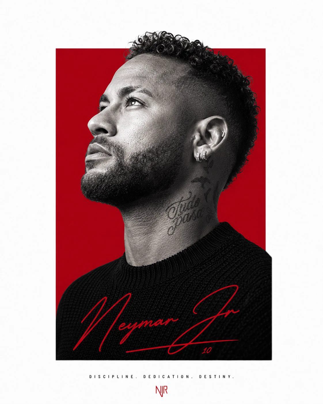 Minimalist editorial athlete portrait poster (selective color: monochrome + crimson red block)
