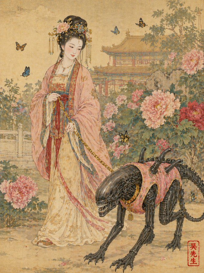 唐朝贵妇牵异形工笔画