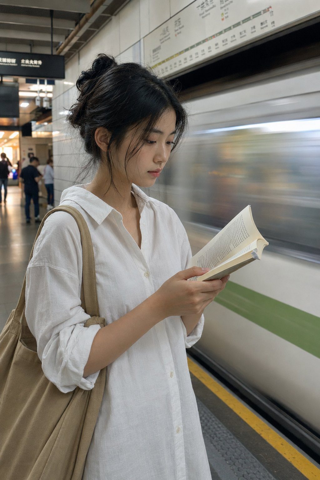 地铁站台晨读女孩