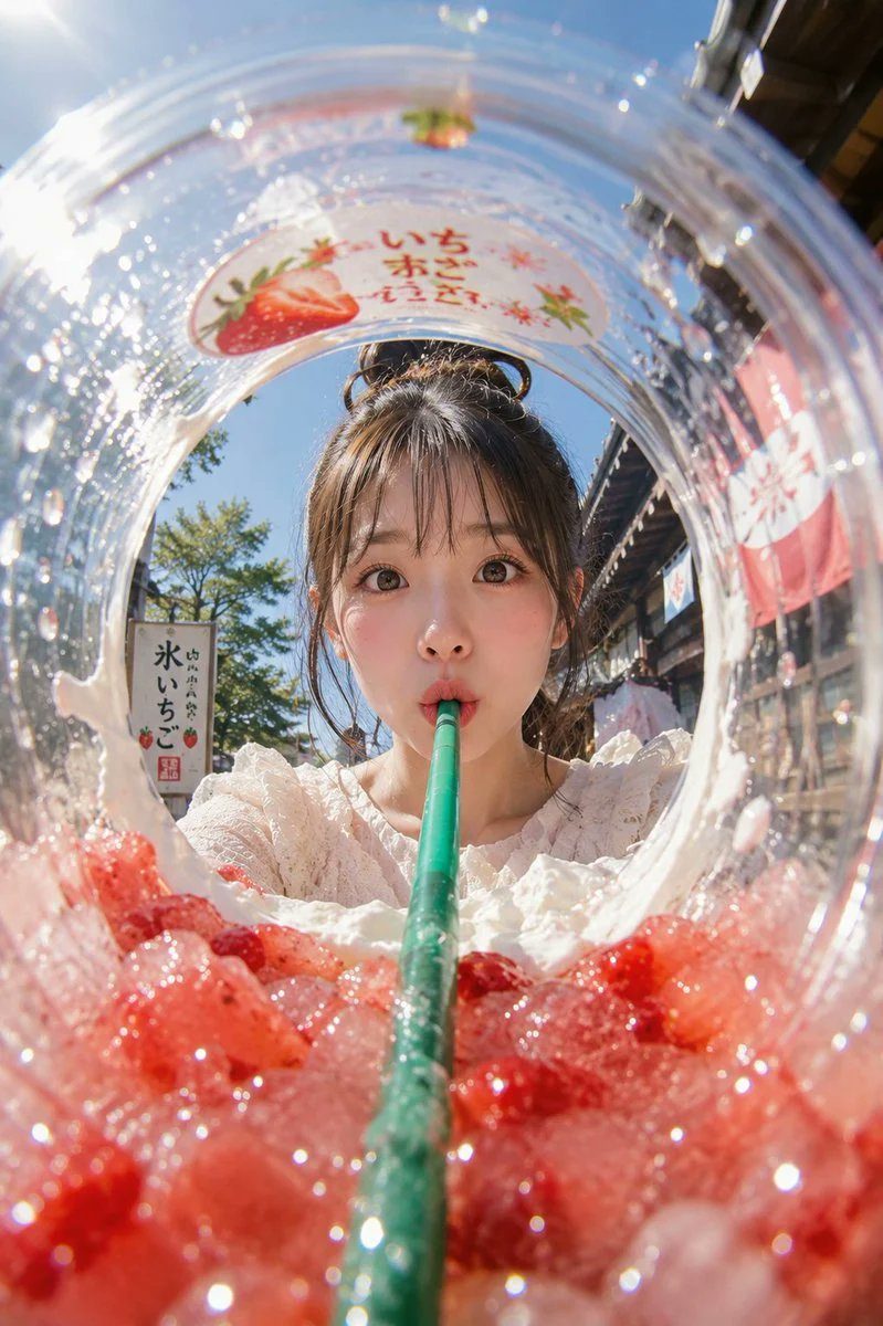 杯底视角草莓冰饮少女