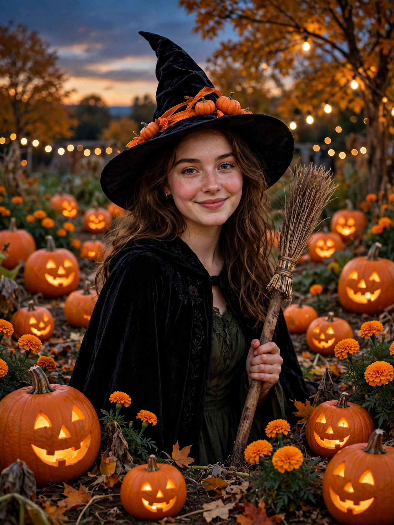 Witch in the Pumpkin Garden at Dusk