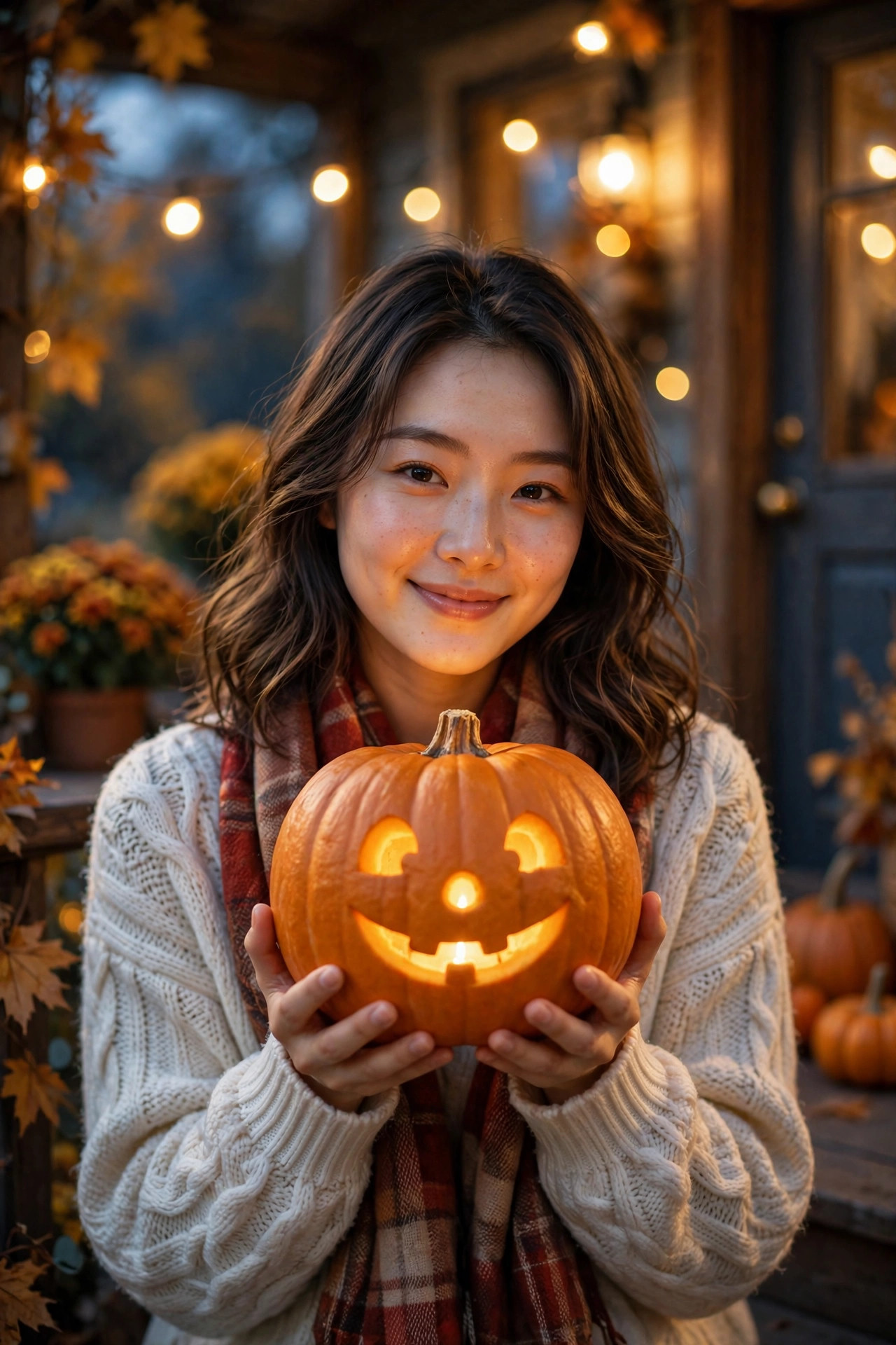 Autumn Night Portrait with a Pumpkin Lantern